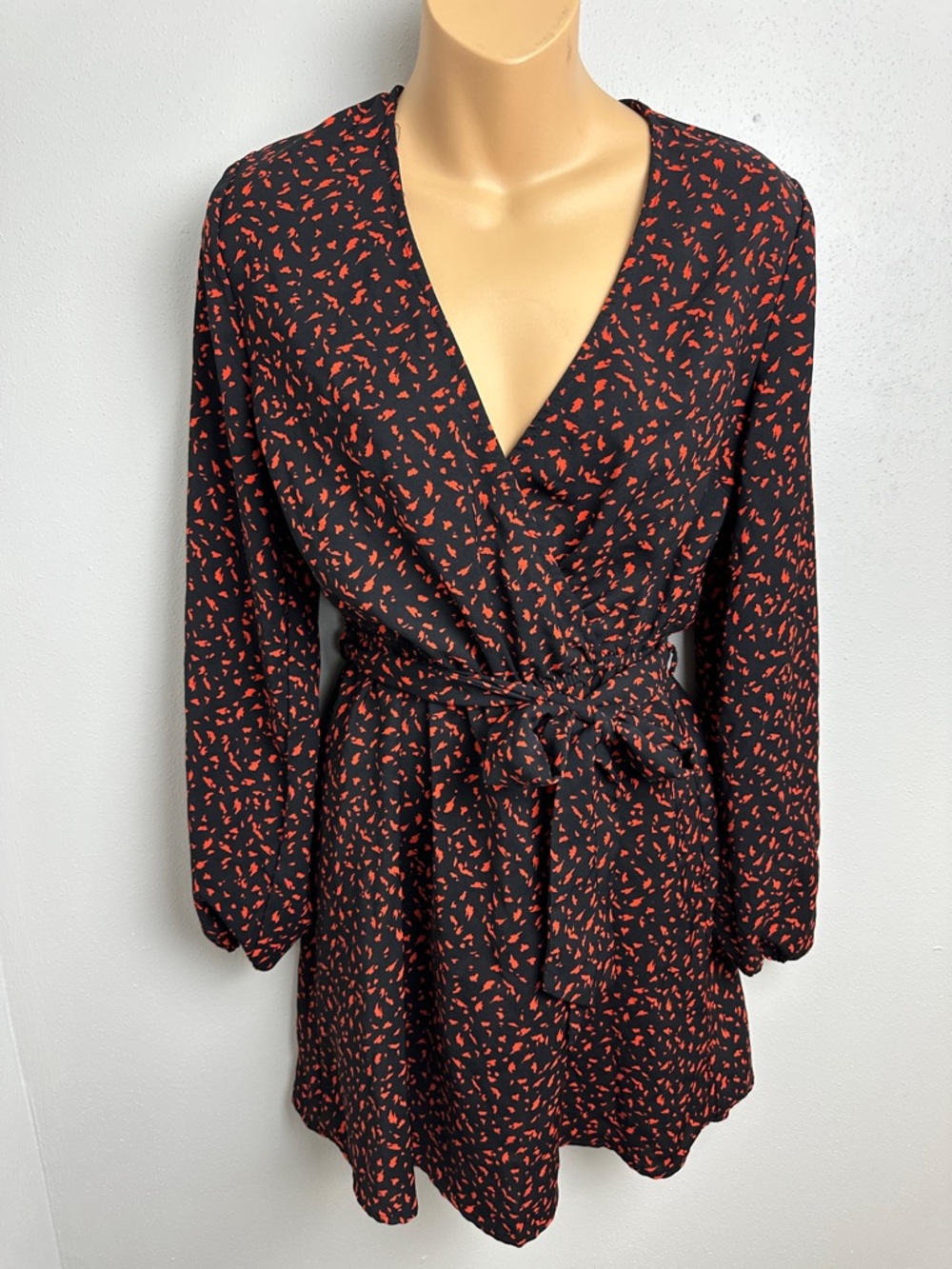 Dynamite Edgy Romantic Mini V Neck Faux Wrap Dress with Red Abstract Print